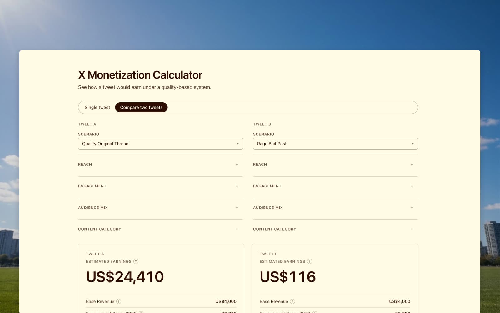 X Monetization Calculator interface