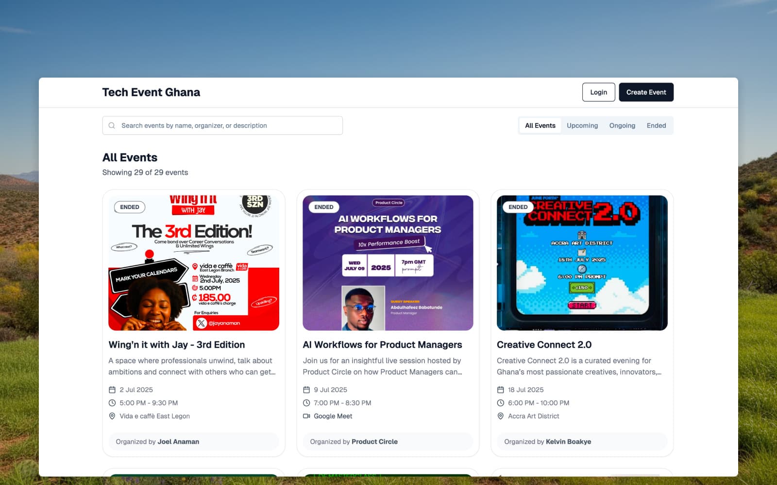 TechEventGhana platform showing event listings